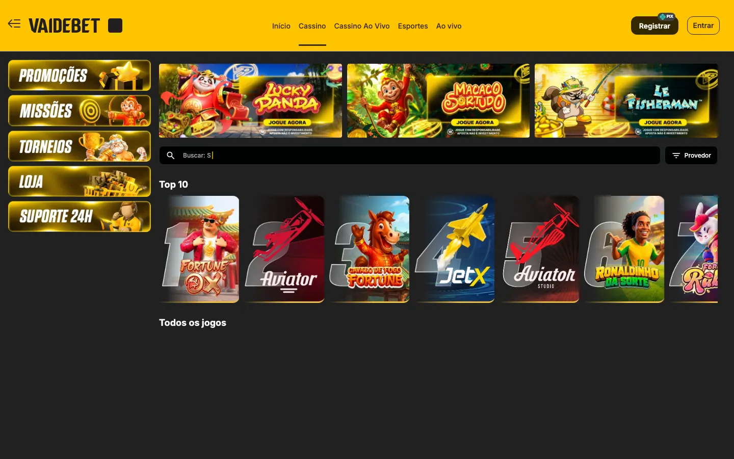 Lobby do Cassino da Vai de Bet: banners Lucky Panda, Macaco Sortudo e Le Fisherman, menu lateral e Top 10