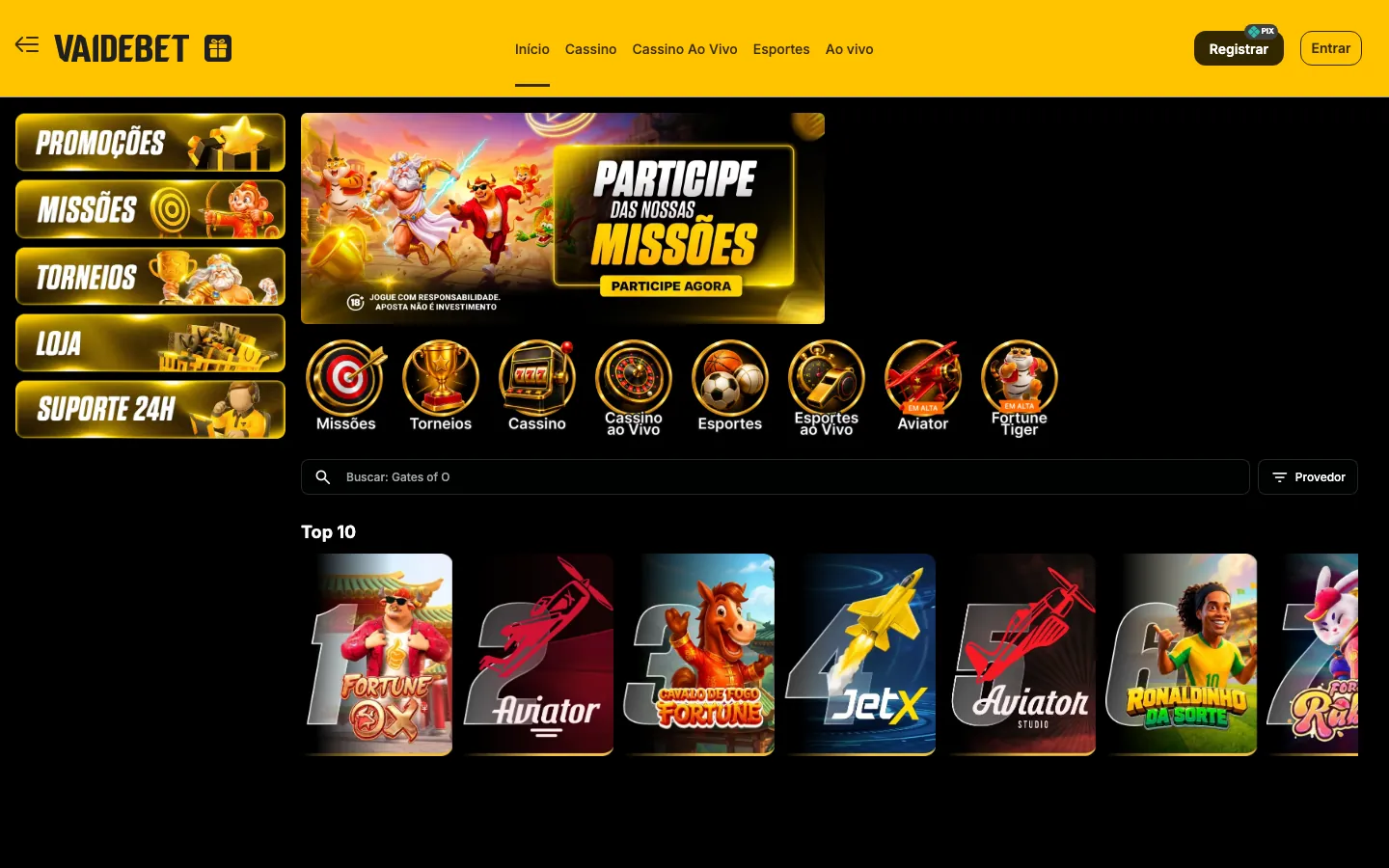 Página inicial do site oficial da Vai de Bet no computador: faixa amarela, atalhos de promoções e Top 10